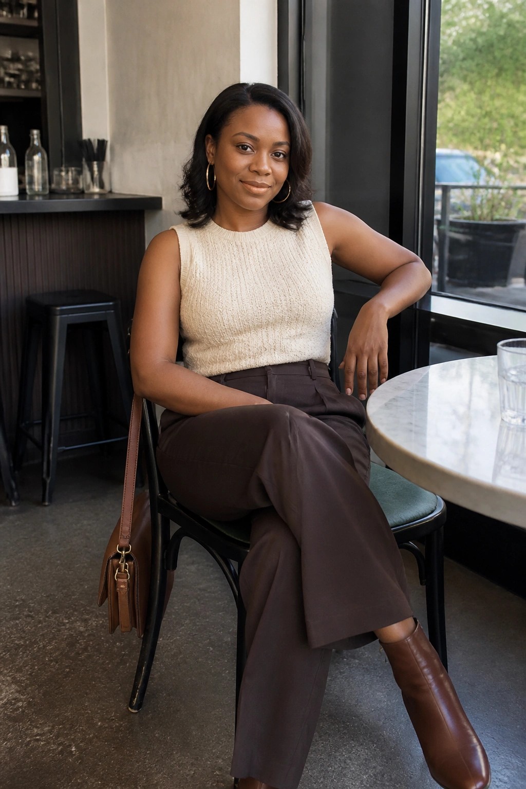 Woman in cream sleeveless knit top, brown wide leg trousers, matching brown ankle boots and leather bag seated at a table.