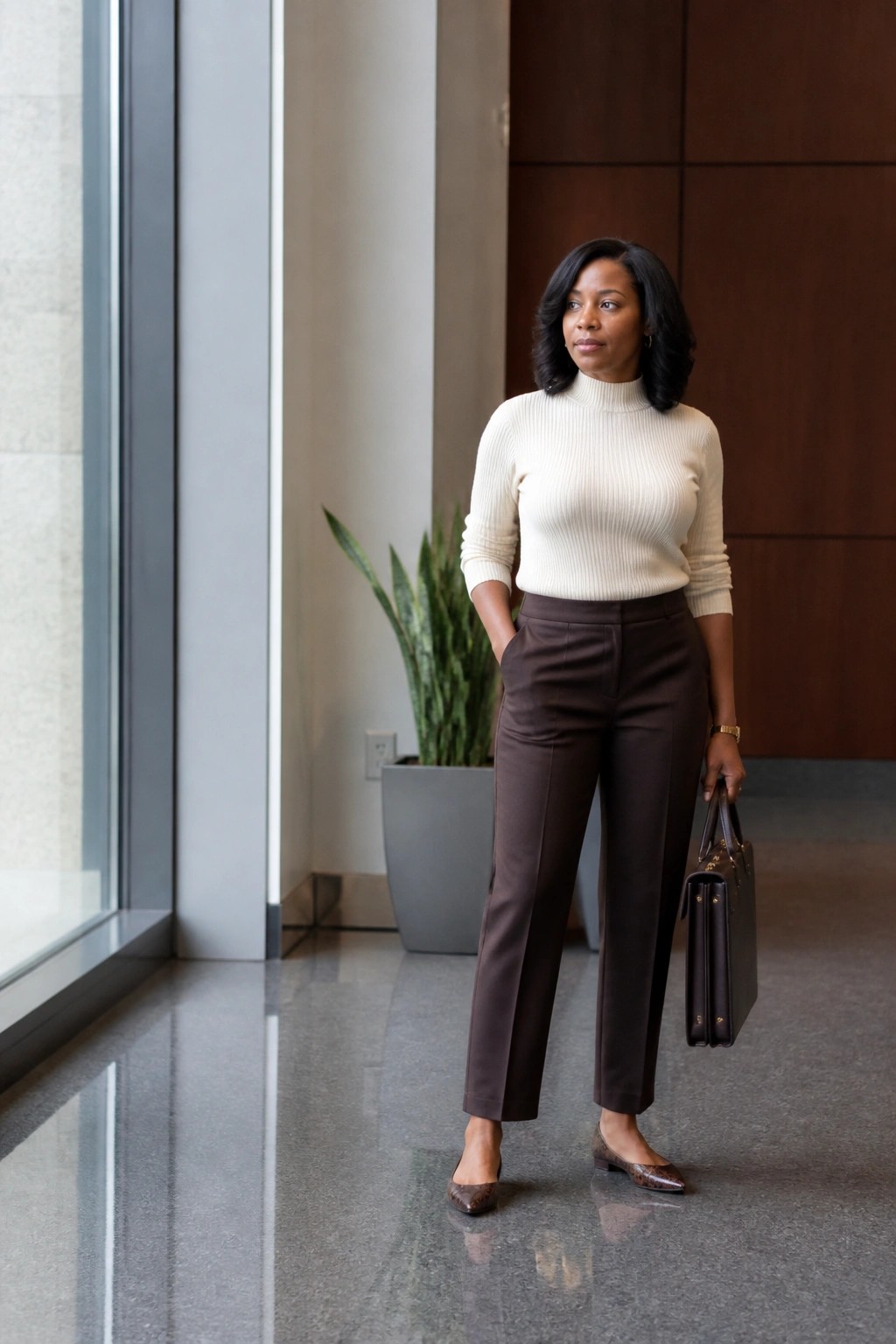 Woman in cream turtleneck and brown pants holding briefcase in modern lobby