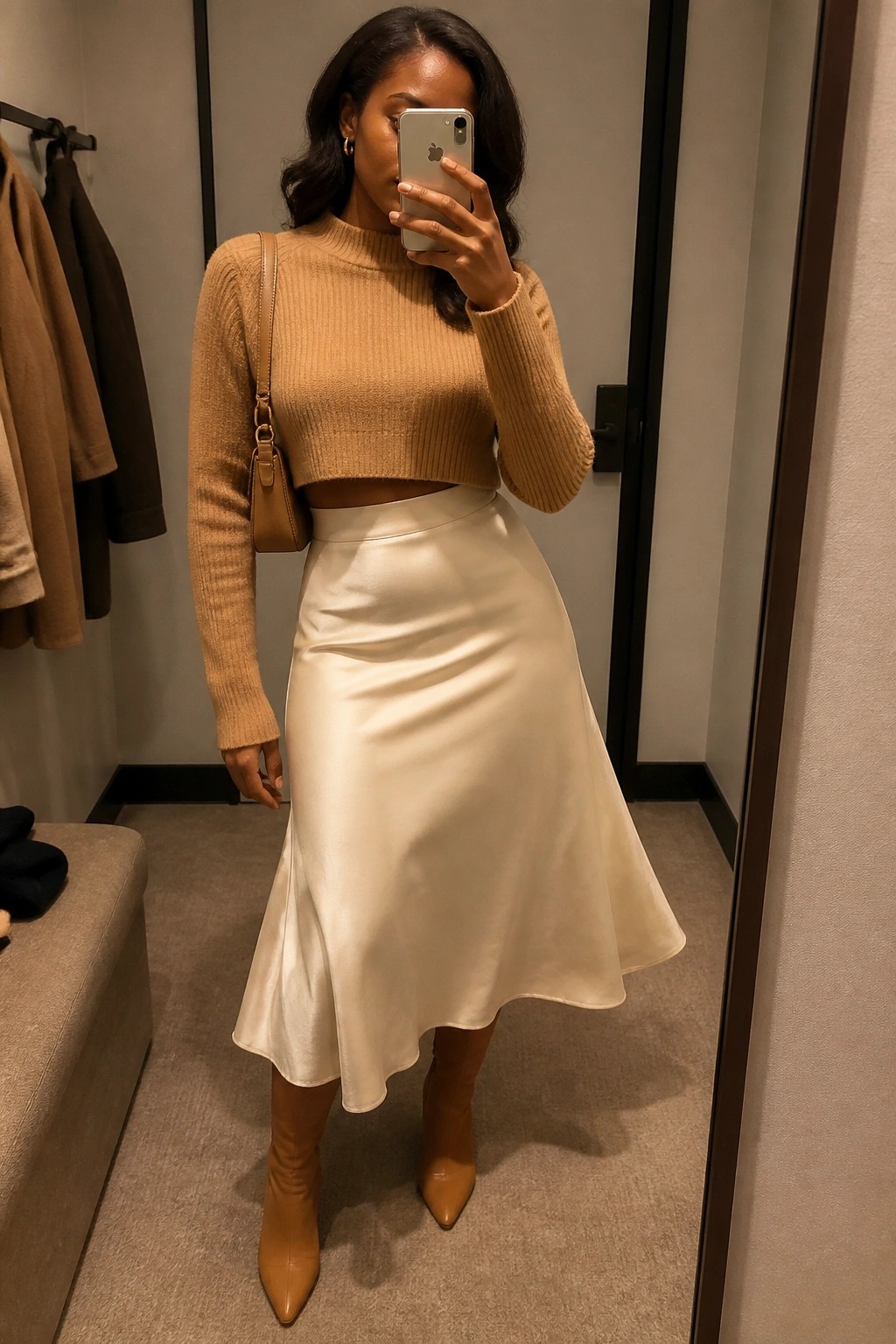 Woman in tan cropped sweater and white satin skirt taking mirror selfie in fitting room