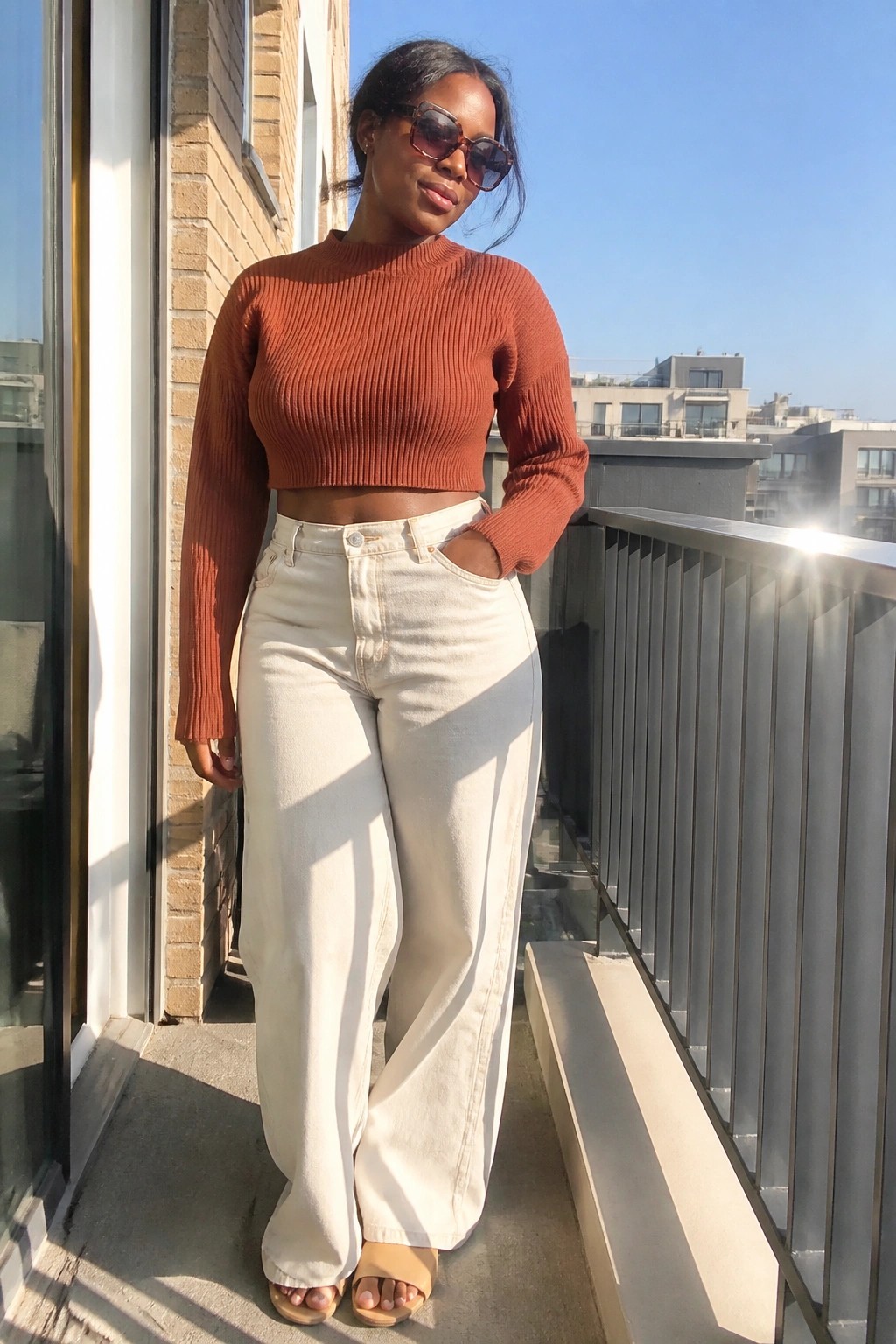 Woman in rust ribbed crop top and cream wide-leg jeans on sunny balcony