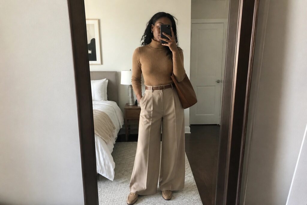 18 Neutral Outfits for Black Women Using Timeless Earth Tones Woman in tan turtleneck and beige wide-leg pants holding phone with brown tote bag.
