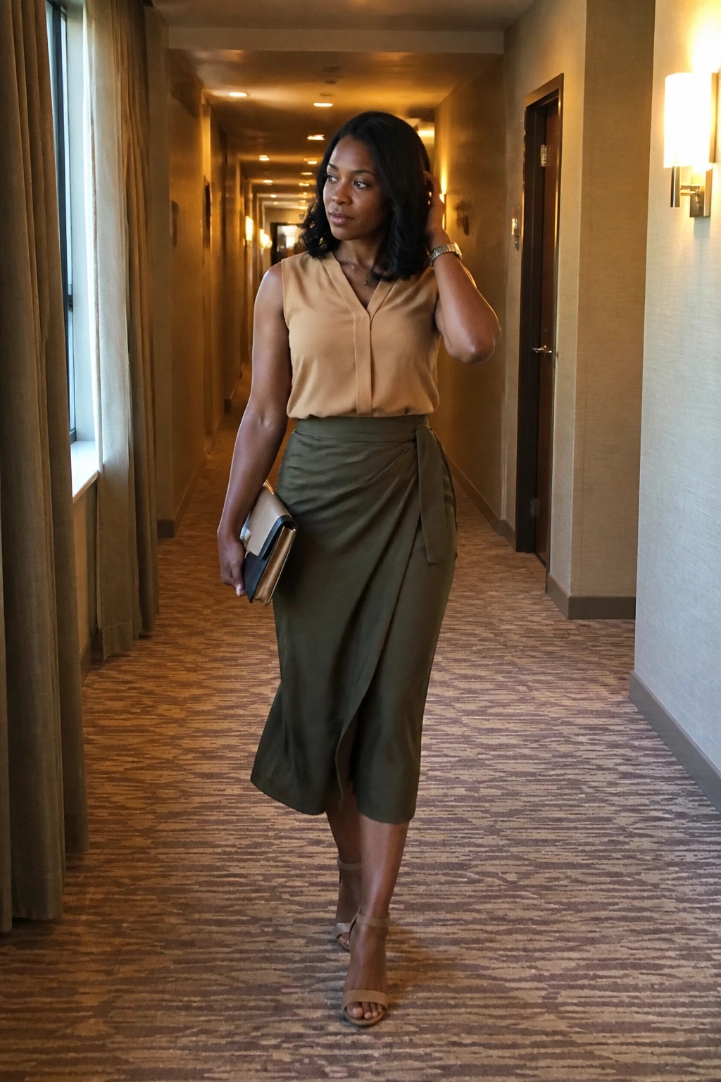 Woman in tan blouse and olive wrap skirt posing in hotel hallway