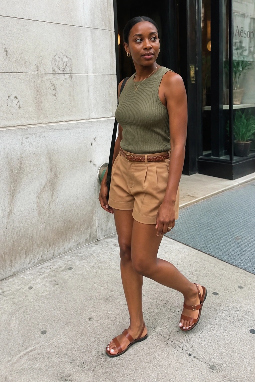 Woman in green ribbed tank top and tan shorts on city sidewalk