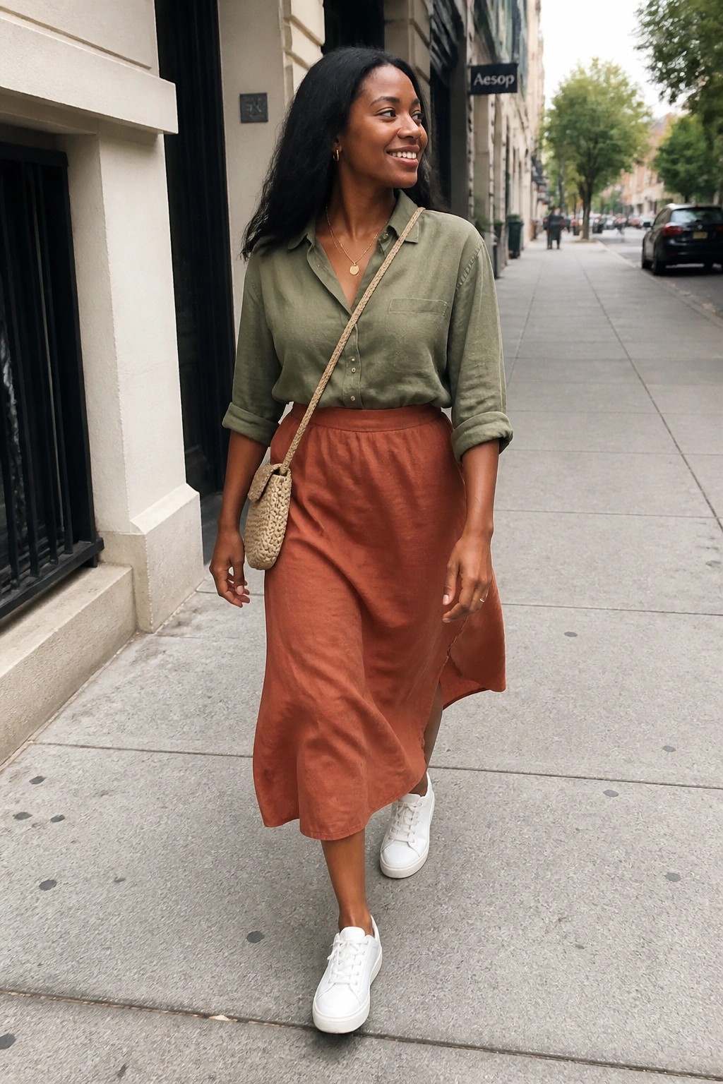 Woman in green shirt and rust skirt walking on city sidewalk smiling