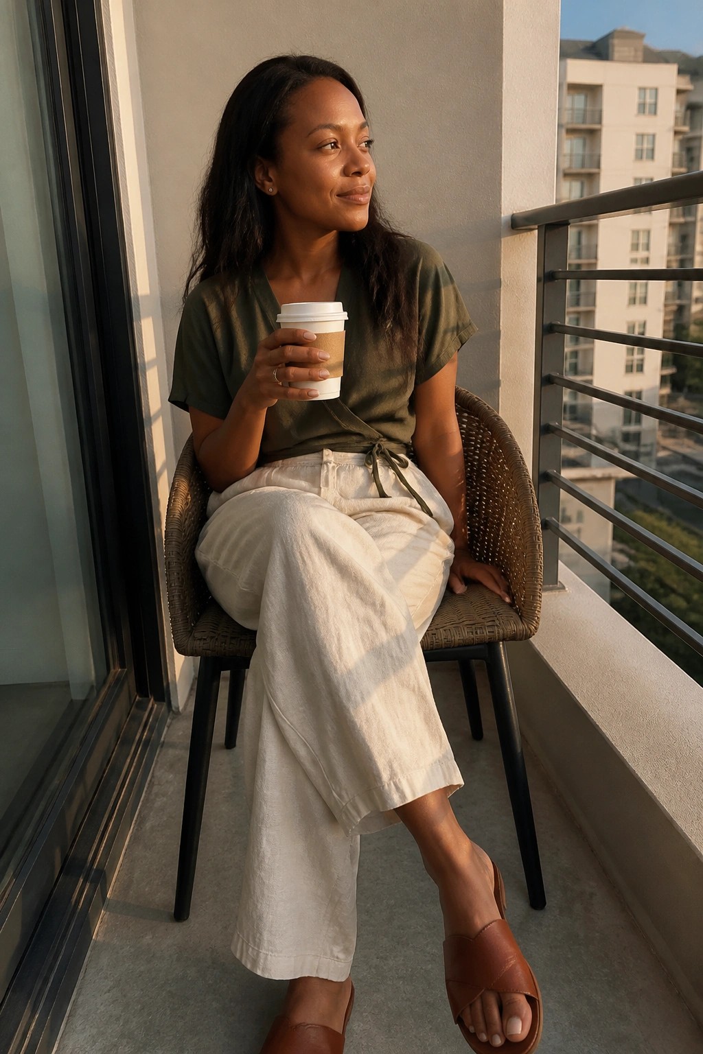 Woman in green top and white pants holding coffee on balcony chair.