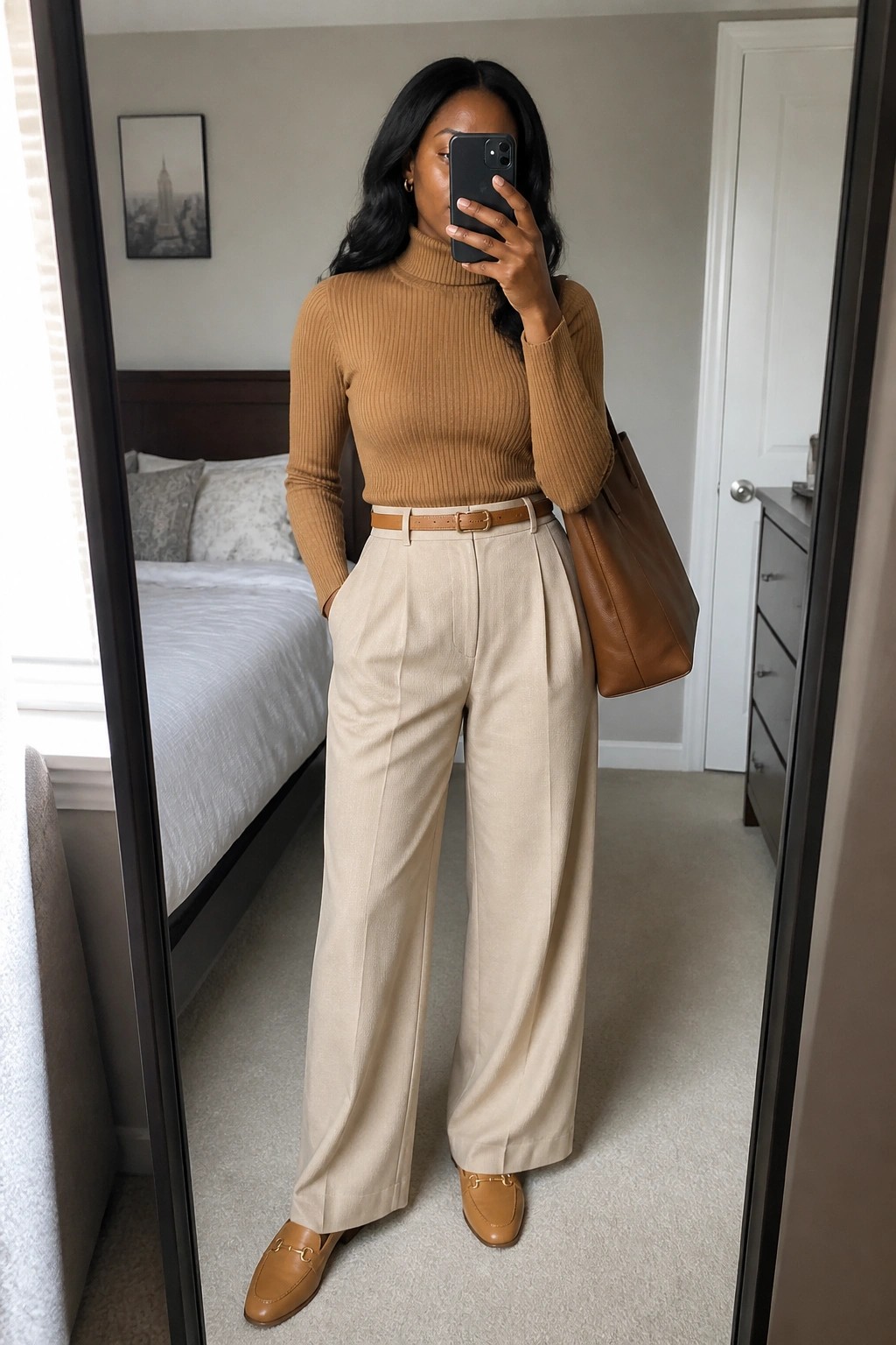Woman in tan turtleneck and beige wide-leg pants holding phone with brown tote bag.