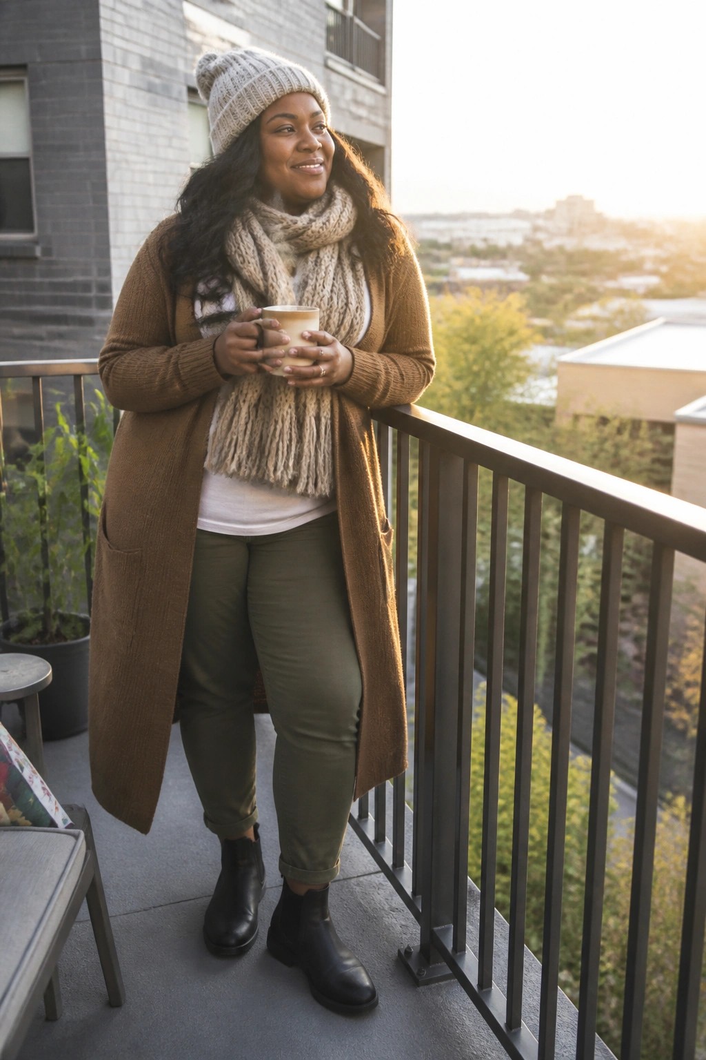 Woman in brown cardigan and knit hat holds mug on sunny balcony.