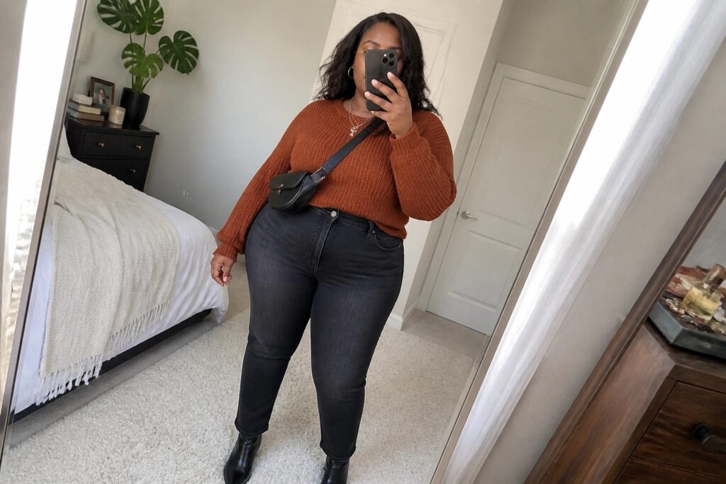 Woman in rust sweater and black jeans taking bedroom mirror selfie with fanny pack