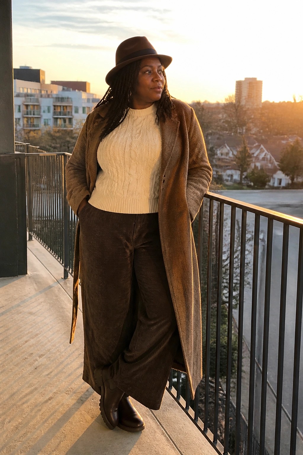 Woman in brown coat, hat, and corduroy pants on sunset balcony