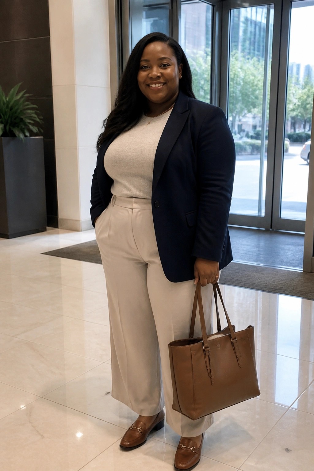 Woman in navy blazer and beige pants holding brown tote in lobby