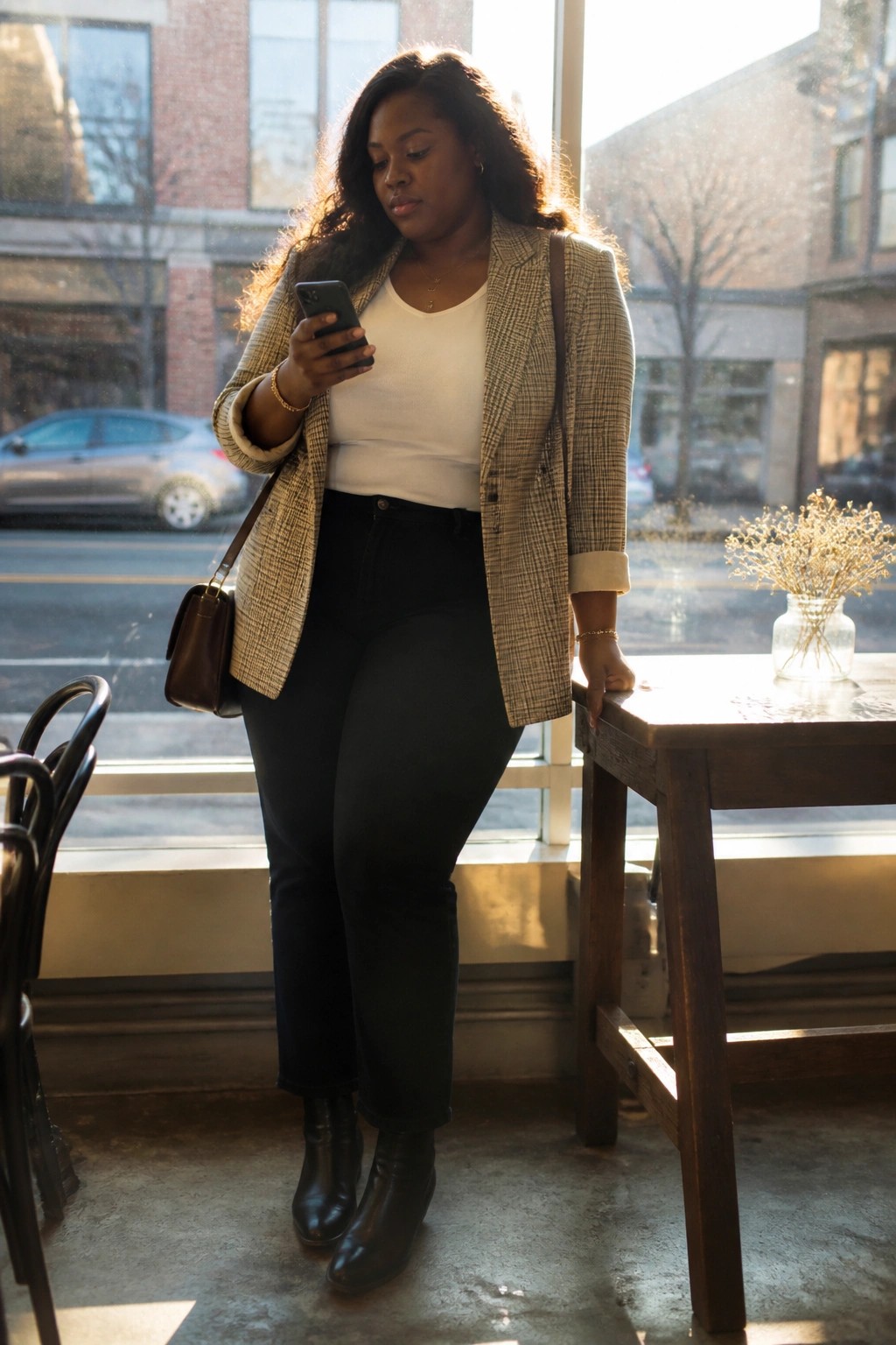 Woman in plaid blazer checks phone beside wooden table in sunlit cafe
