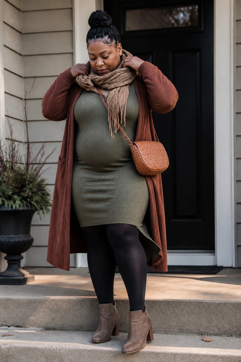 Woman in green dress and brown cardigan adjusts scarf on house steps