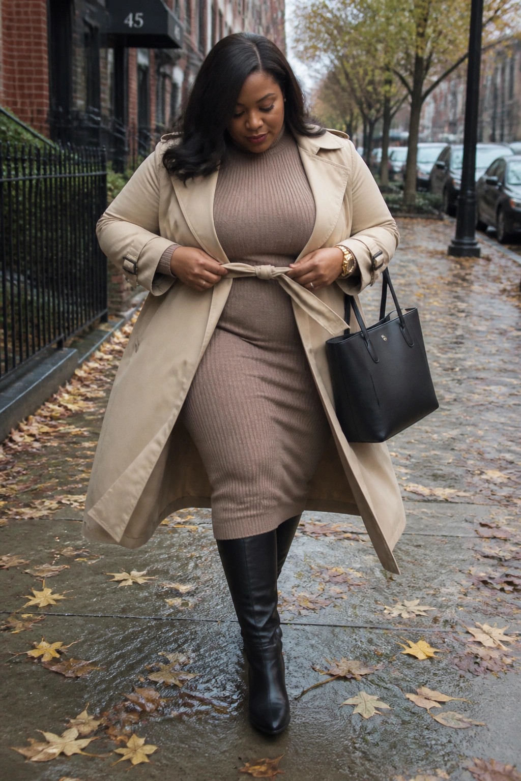 Woman in beige trench coat over brown knit dress on wet autumn sidewalk