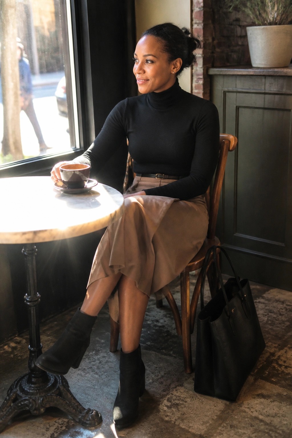 Woman in black turtleneck and beige skirt holds coffee at sunny cafe table