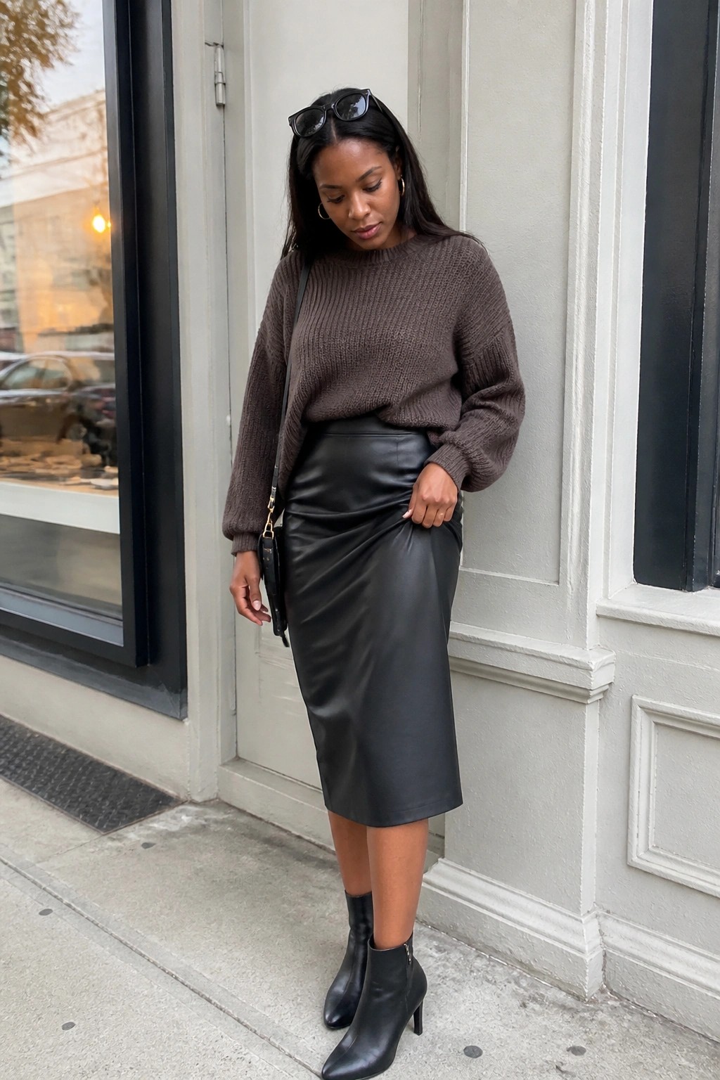 Woman in brown sweater and black leather skirt on city sidewalk