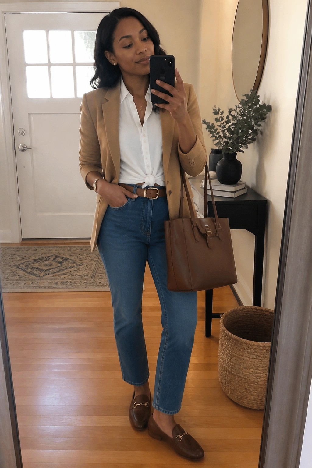 Woman in tan blazer, white shirt, and blue jeans taking mirror selfie with tote bag