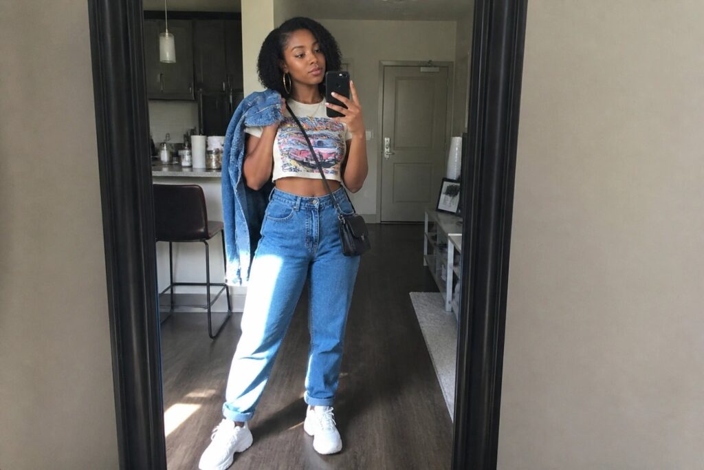 18 Street Style Outfits for Black Women Inspired by Urban Fashion Woman taking mirror selfie in denim jacket, Blondie crop top, and light blue jeans