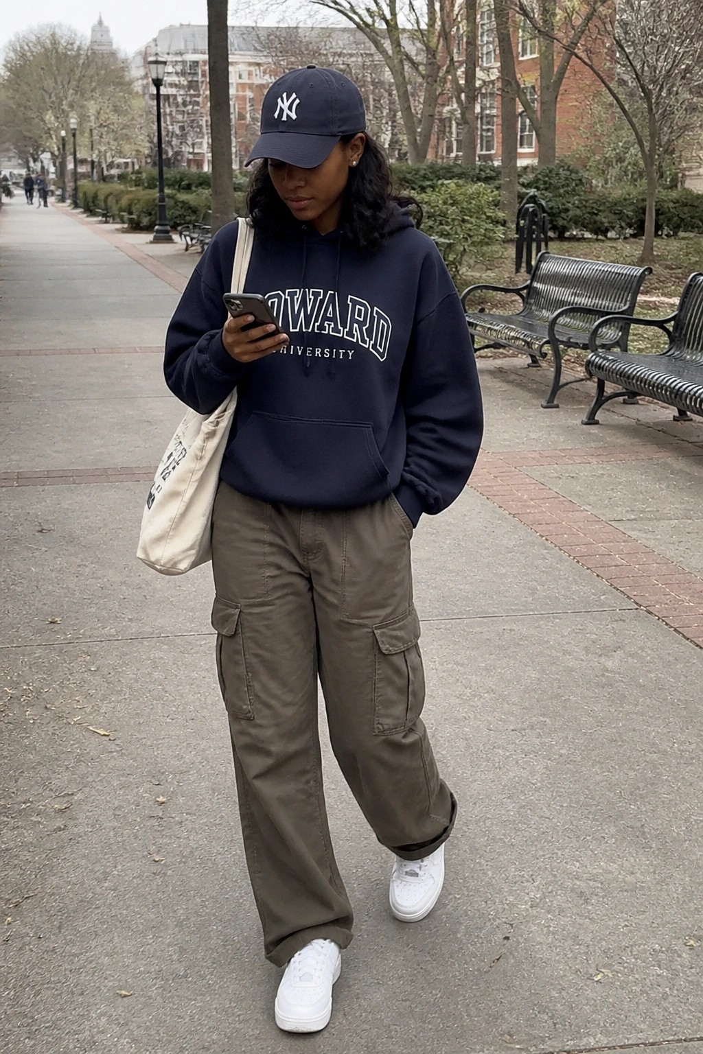 Woman in navy Howard University hoodie, olive cargo pants, white sneakers and navy cap checks her phone while carrying a tote on a paved walkway