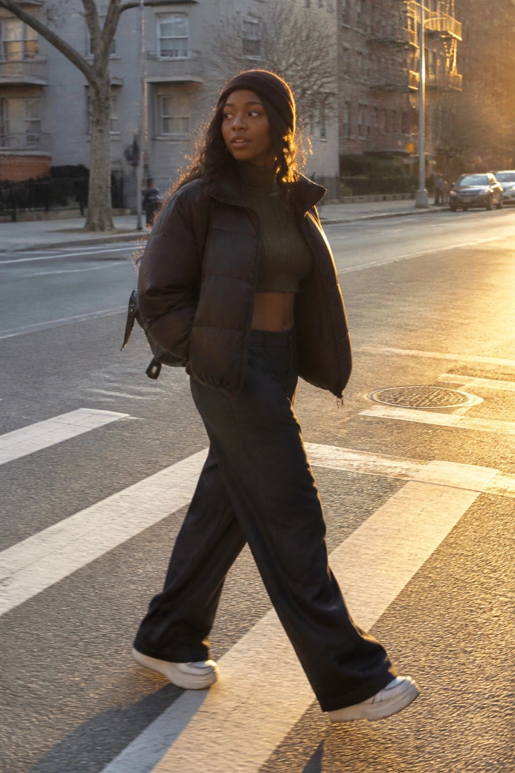 Woman in puffer jacket and beanie crossing city street at sunset.
