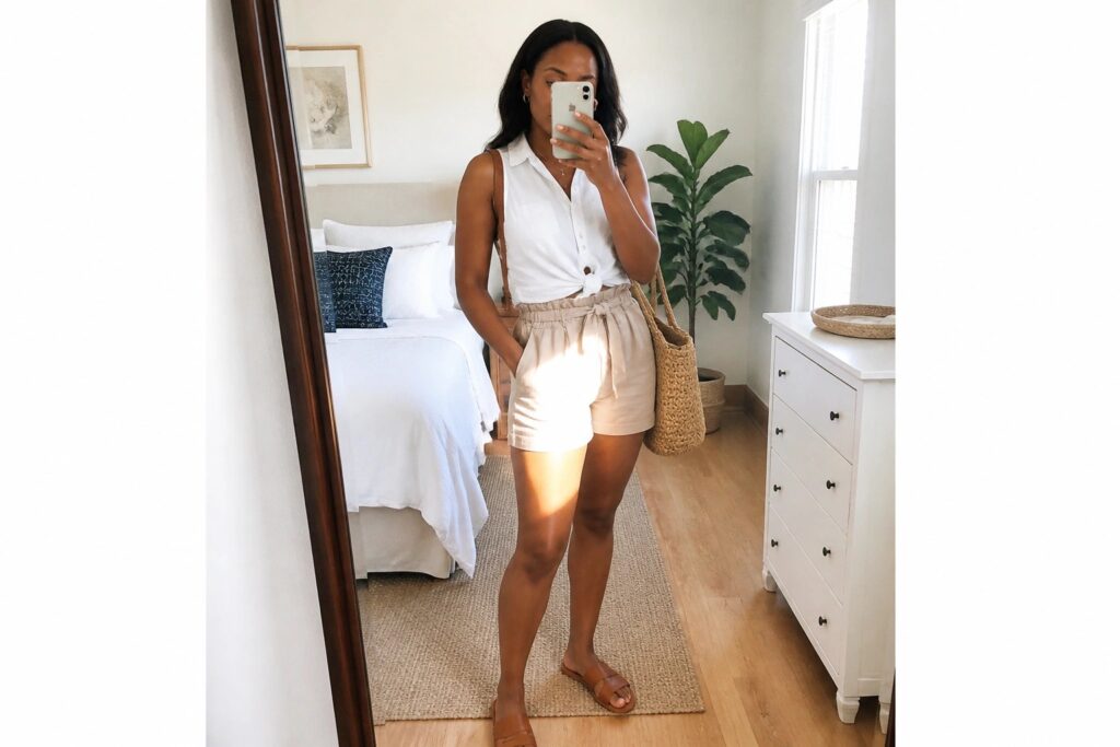 18 Trendy Miami Brunch Outfits for Black Women With Resort-Chic Style Woman wearing a white sleeveless button front shirt tied at the waist with tan high waisted shorts brown woven tote and brown slide sandals taking a mirror selfie.