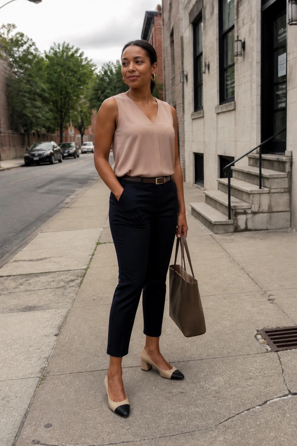Woman in beige blouse and navy pants holding taupe tote on city sidewalk