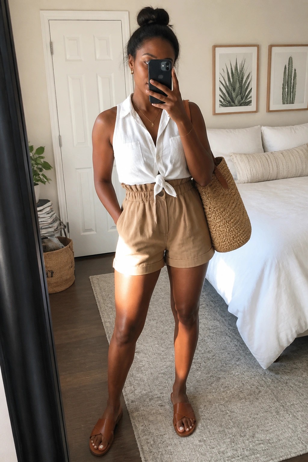 Woman wearing a white sleeveless button front shirt tied at the waist with tan high waisted shorts brown woven tote and brown slide sandals taking a mirror selfie.
