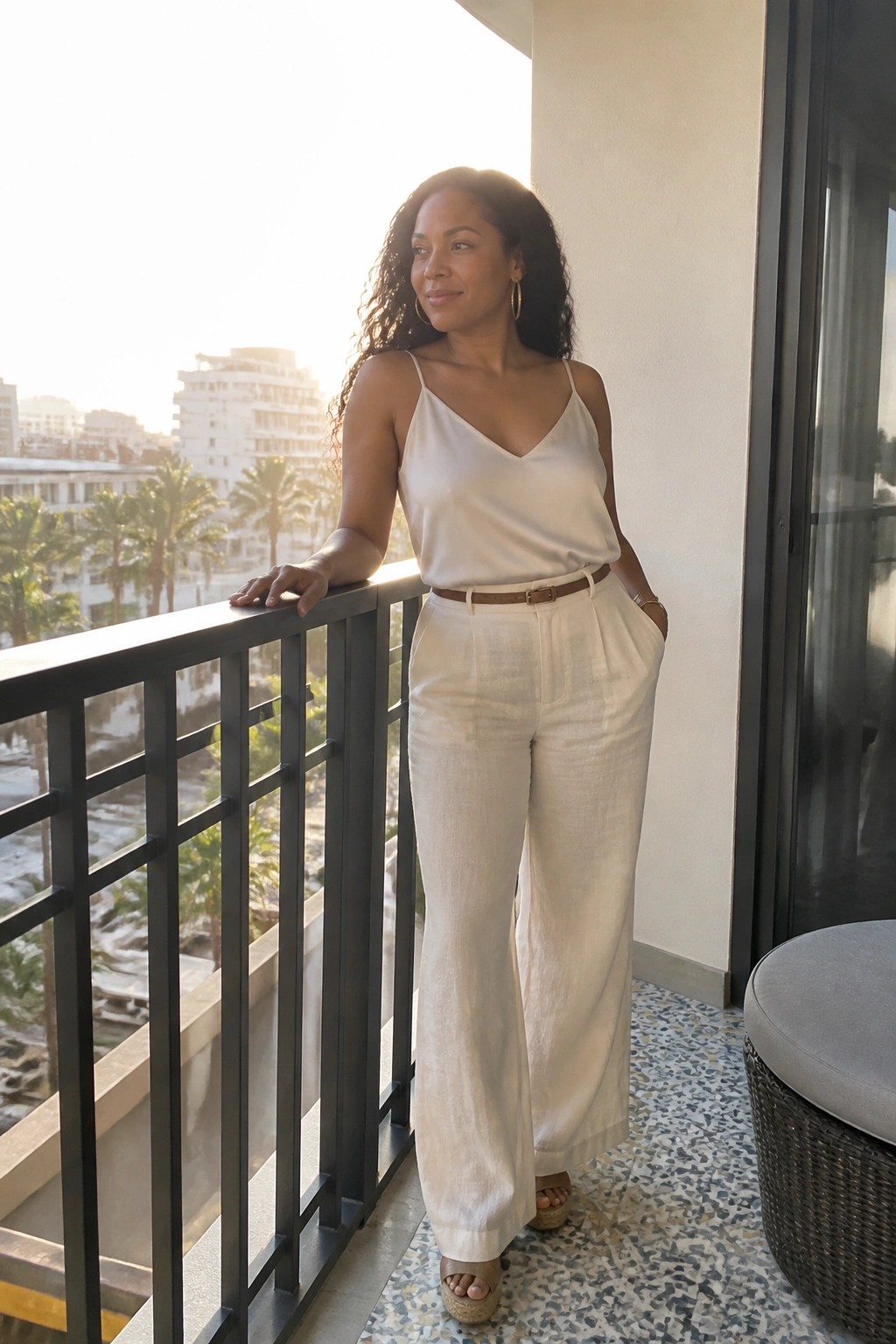 Woman in white camisole top with thin straps, matching wide leg linen pants, brown belt, and wedge sandals standing on balcony railing.