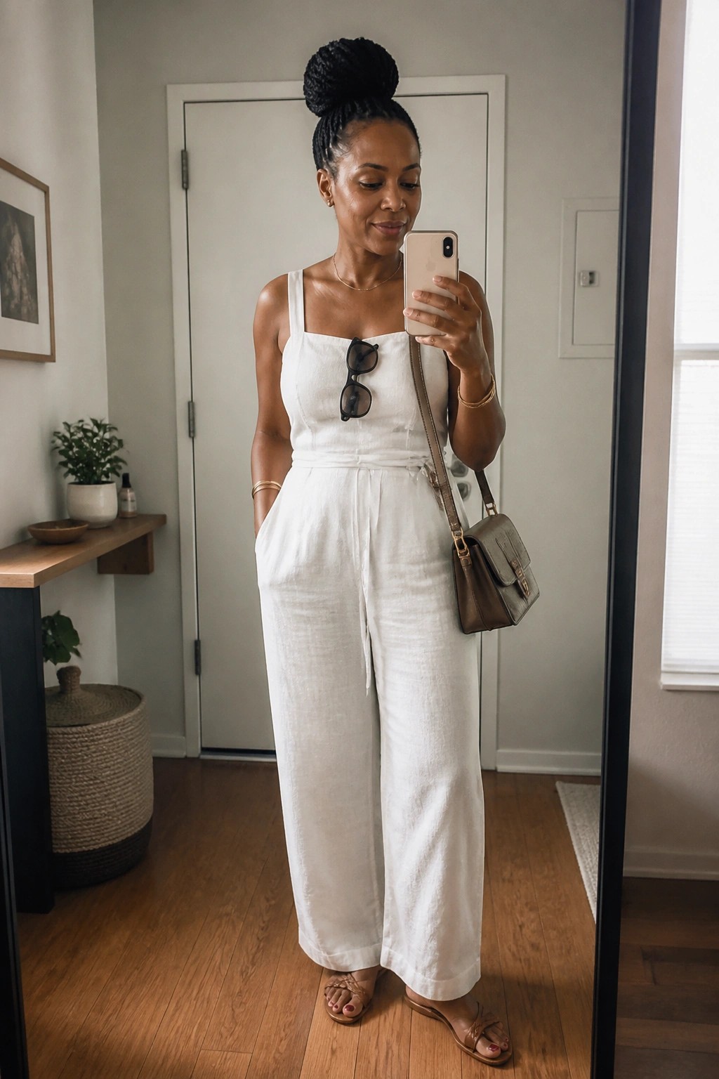 Woman in white jumpsuit taking mirror selfie with phone and crossbody bag