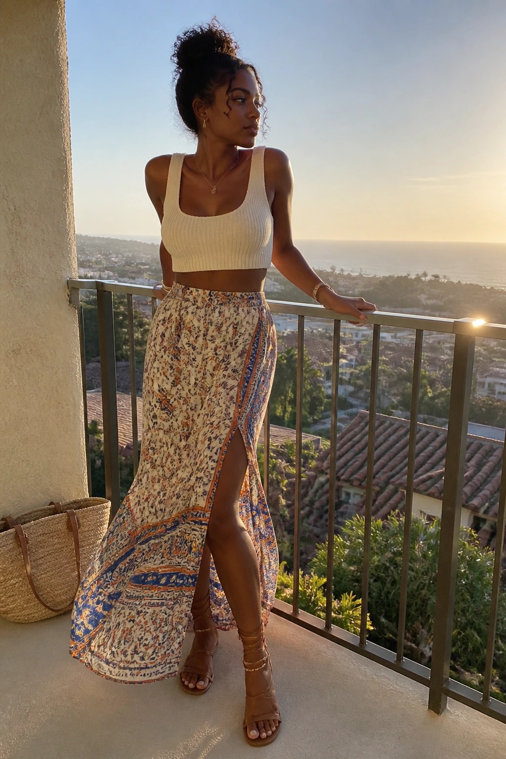 Woman in cream crop top and patterned high-slit skirt on sunset ocean-view balcony