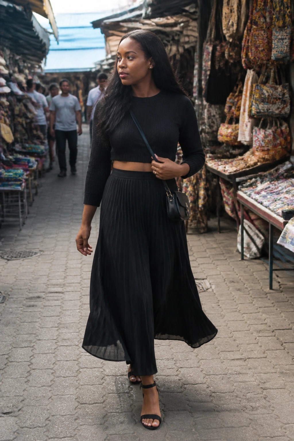 Woman in black crop top and pleated skirt at colorful outdoor market