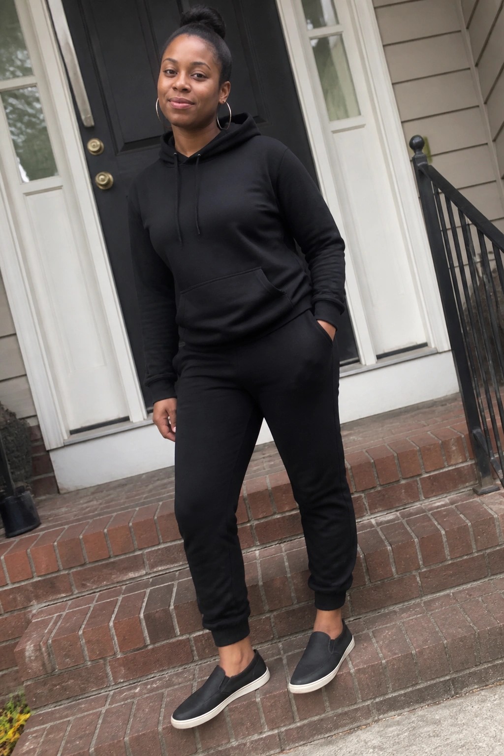 Woman wearing a black hoodie and matching black joggers with black slip-on sneakers and large hoop earrings standing on brick steps in an all-black outfit.