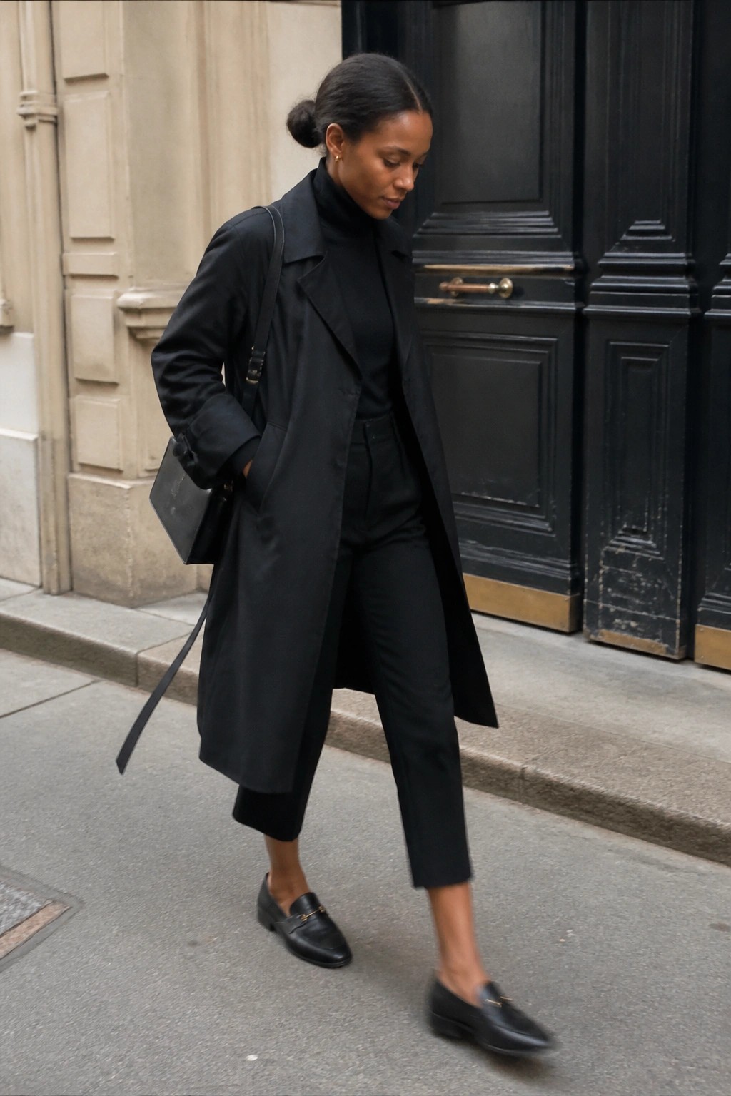 Woman in long black coat, turtleneck, cropped trousers, and loafers on sidewalk
