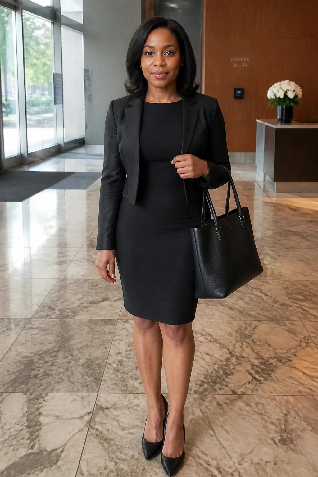 Woman in black suit holding handbag in modern marble lobby