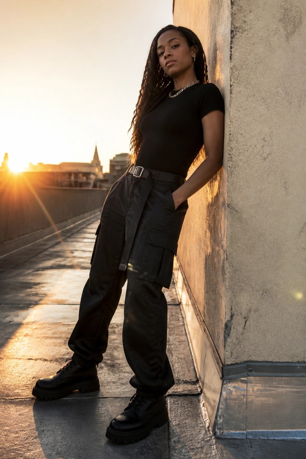 Woman in all-black outfit with fitted short-sleeve top, black cargo pants secured by a belt, and black chunky boots, posed against a textured wall.