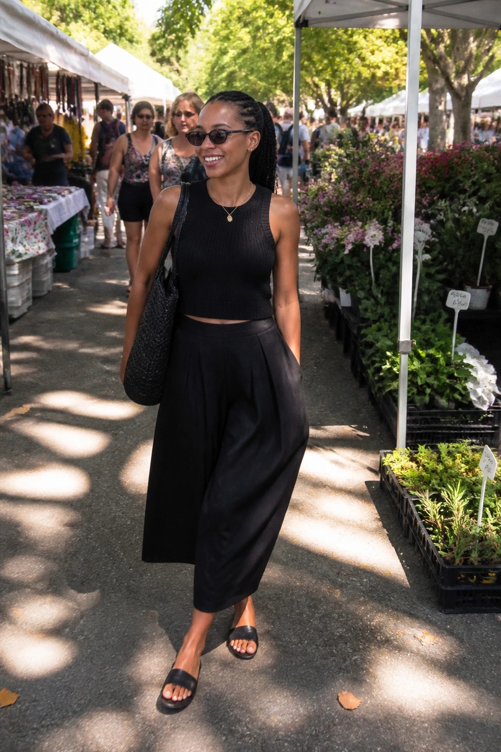 Woman in black crop top and wide pants at sunny outdoor plant market