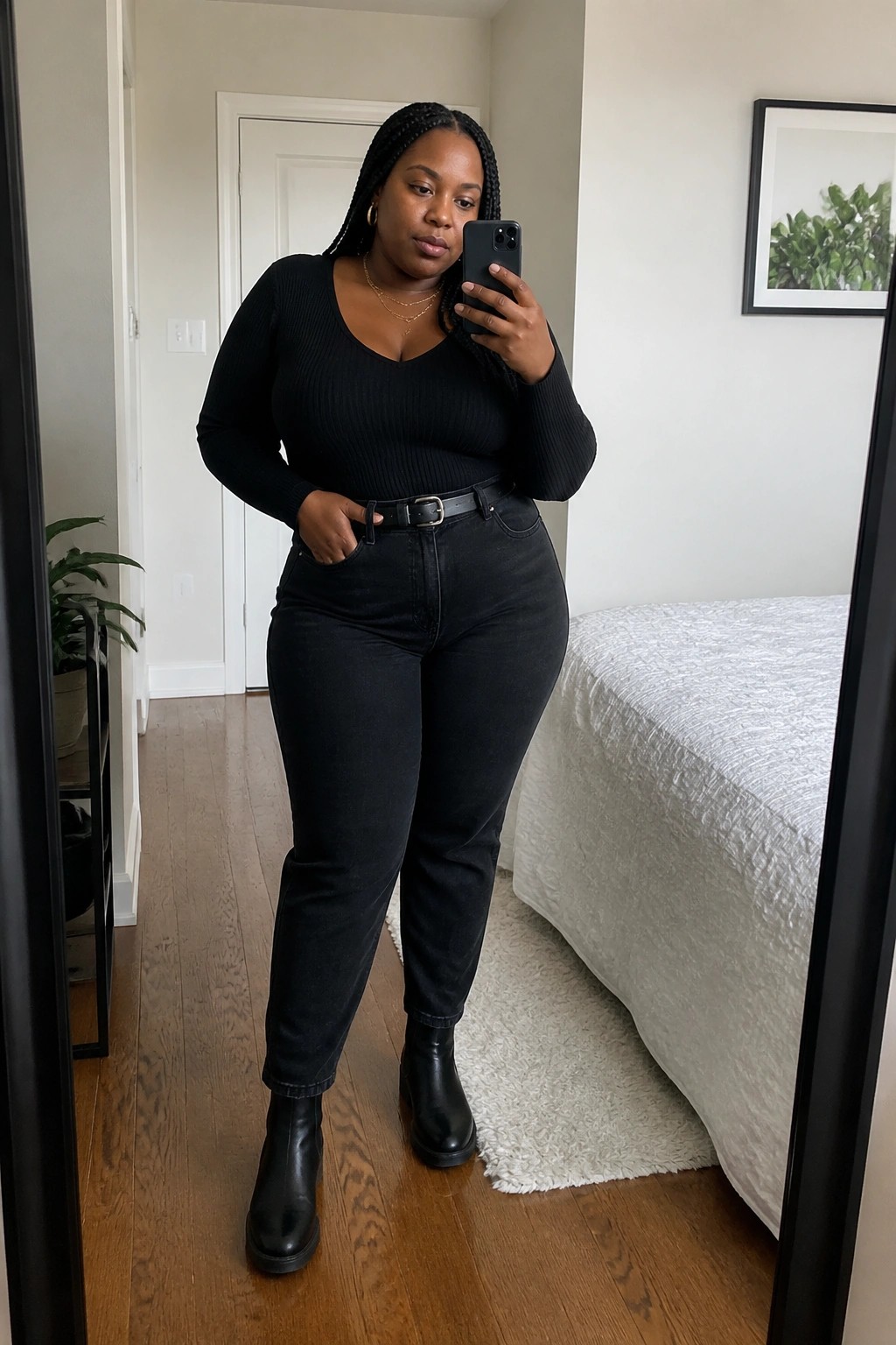 Woman with braids in black top, jeans, and boots taking mirror selfie in bedroom.