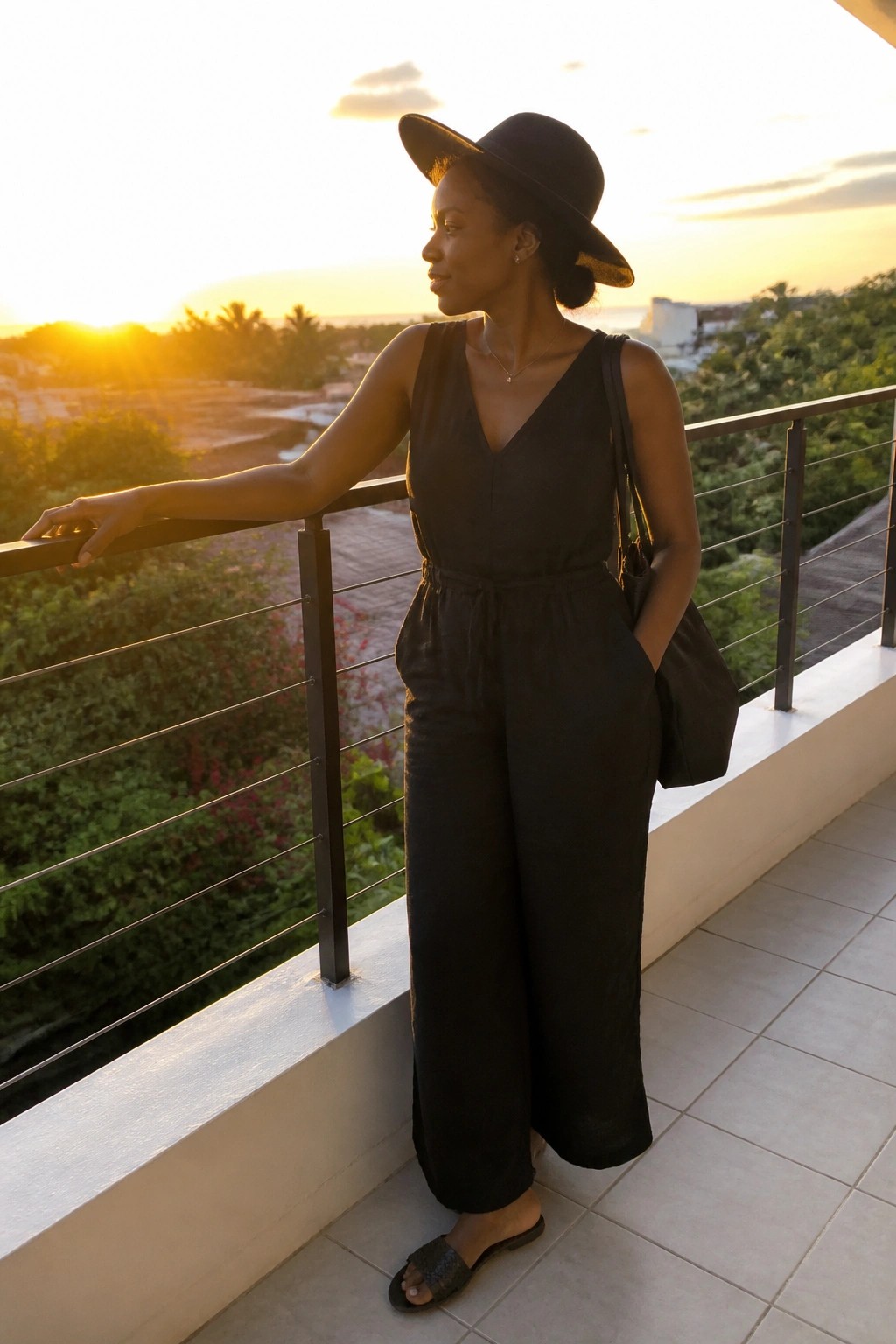 Woman wearing a black sleeveless wide leg jumpsuit with V neck and waist tie, paired with black slides, a wide brim hat, and a black tote bag.