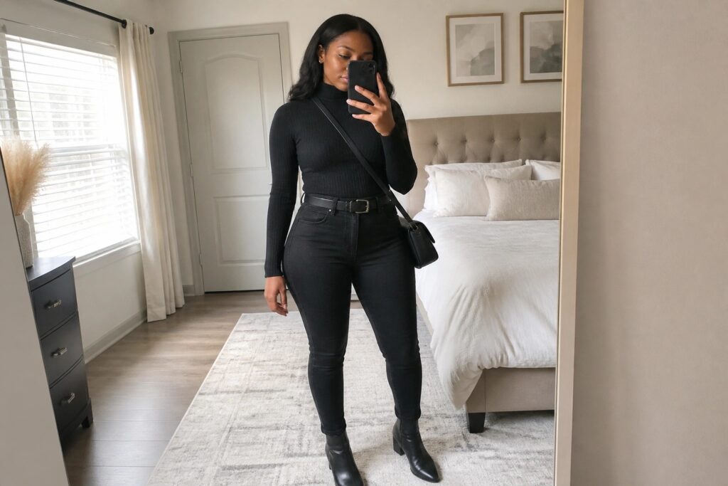 19 All-Black Outfits for Black Women That Make a Bold Statement Woman in a mirror selfie wearing an all black ribbed turtleneck sweater tucked into slim black jeans with a gold buckle belt, black ankle boots, and a small black crossbody bag.