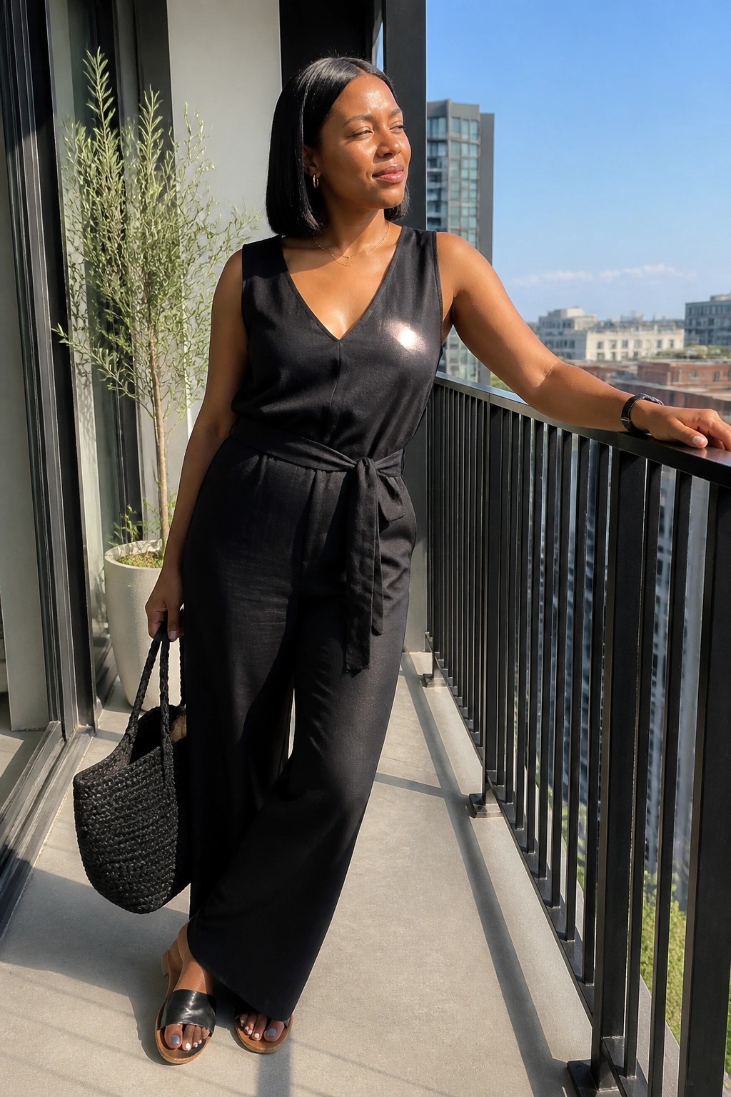 Woman in black jumpsuit holding woven bag on sunny urban balcony