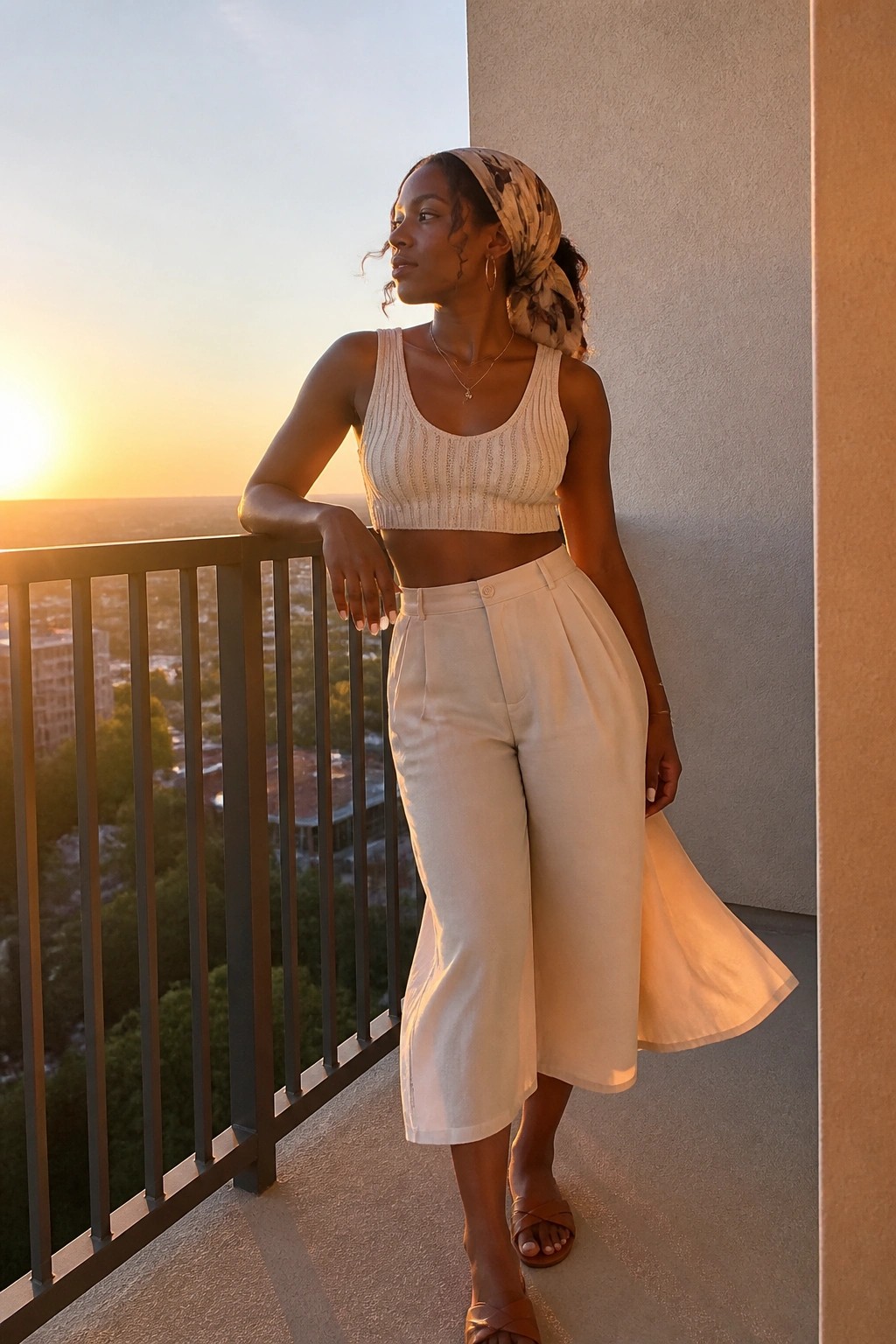 A Black woman in a cream ribbed crop top and matching wide-leg pants with a patterned headscarf, layered gold necklaces, and brown strappy sandals.