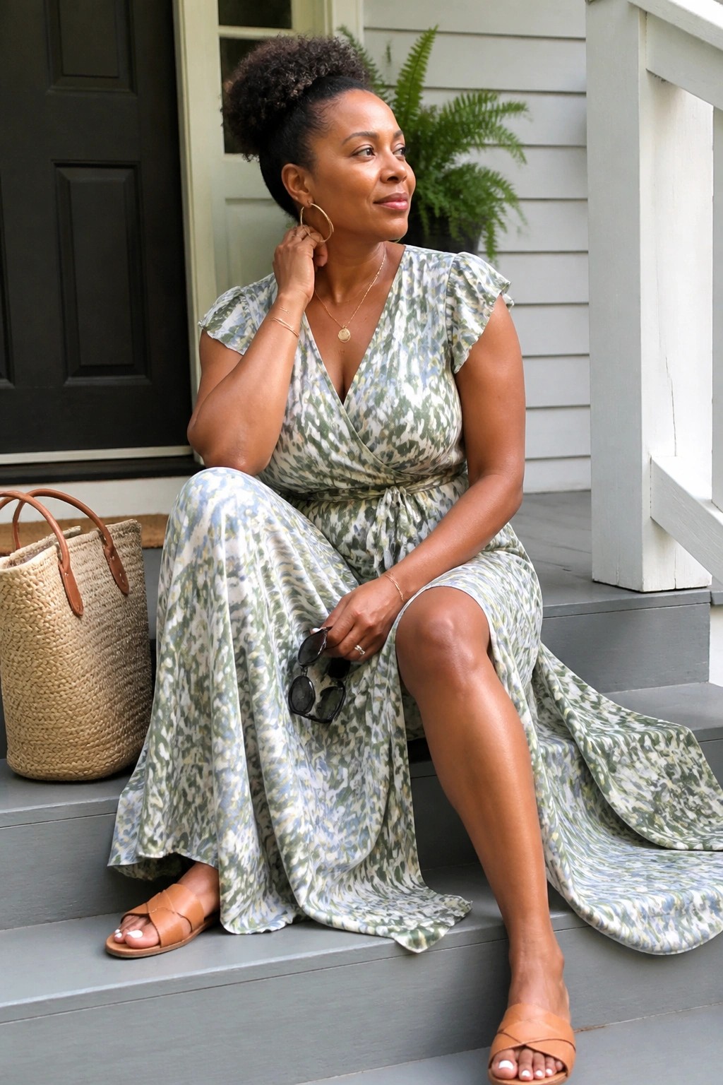 Black woman in green and white abstract print wrap maxi dress with flutter sleeves and brown leather slides sitting on porch steps holding sunglasses with woven tote nearby