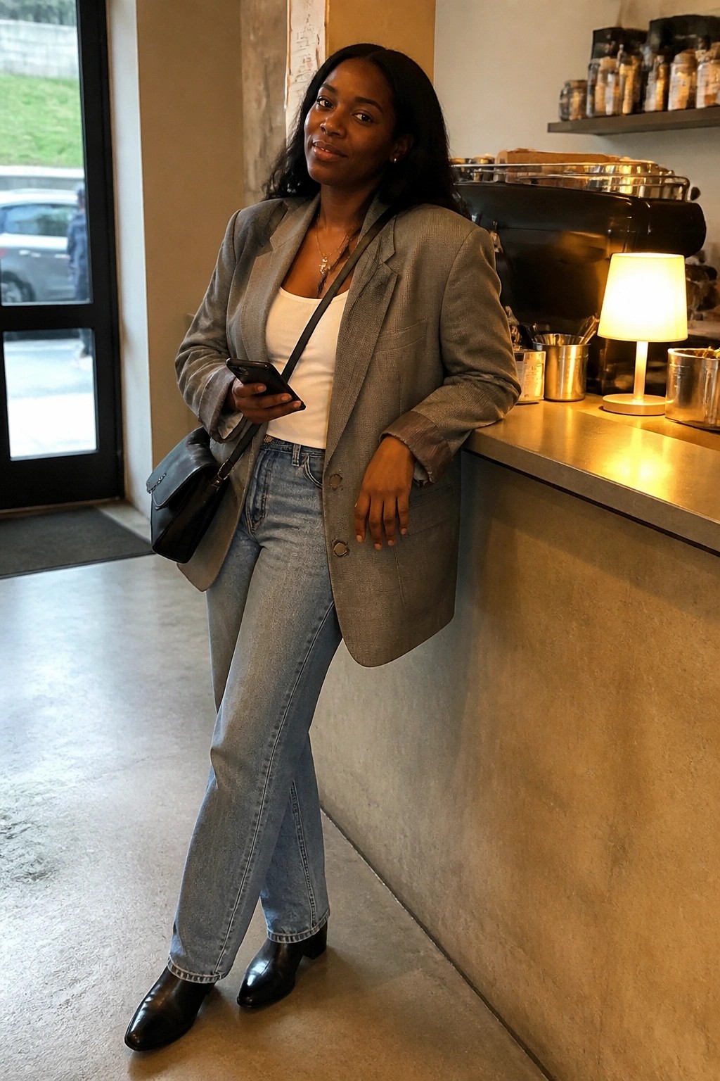 Woman in gray blazer and jeans leaning on cafe counter with phone