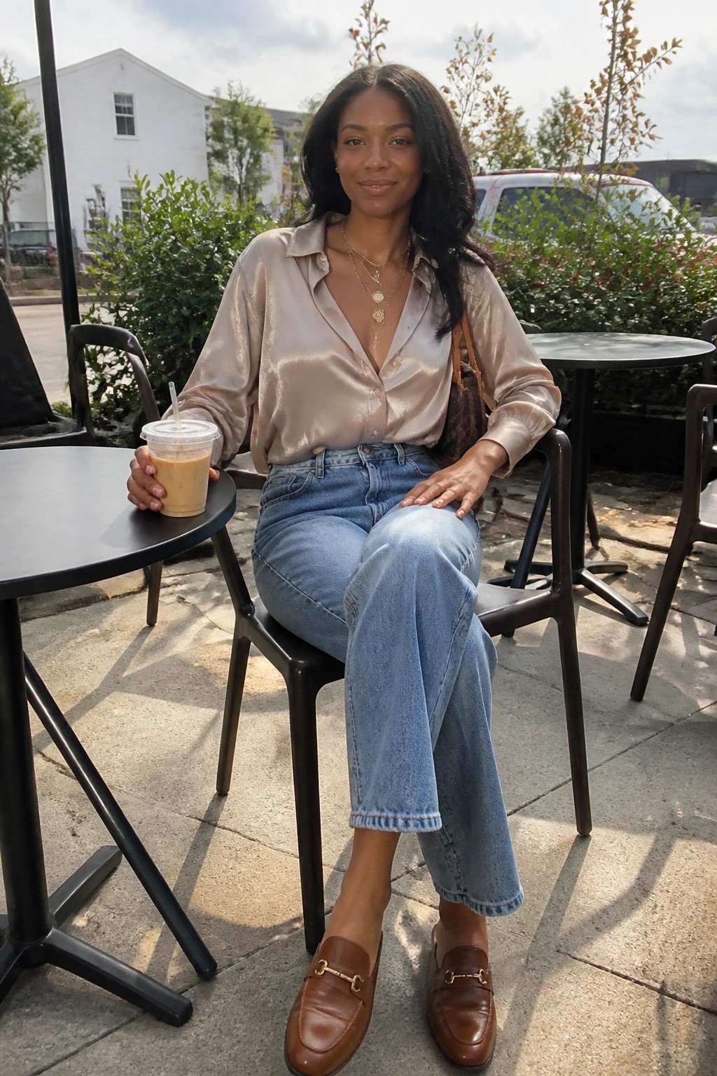 Woman in beige satin blouse and jeans holding iced coffee at outdoor table