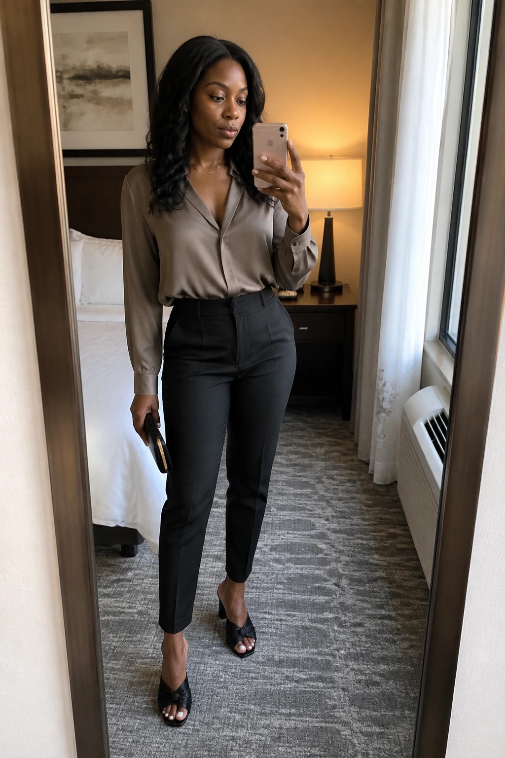 Woman in taupe blouse and black pants taking mirror selfie in hotel room