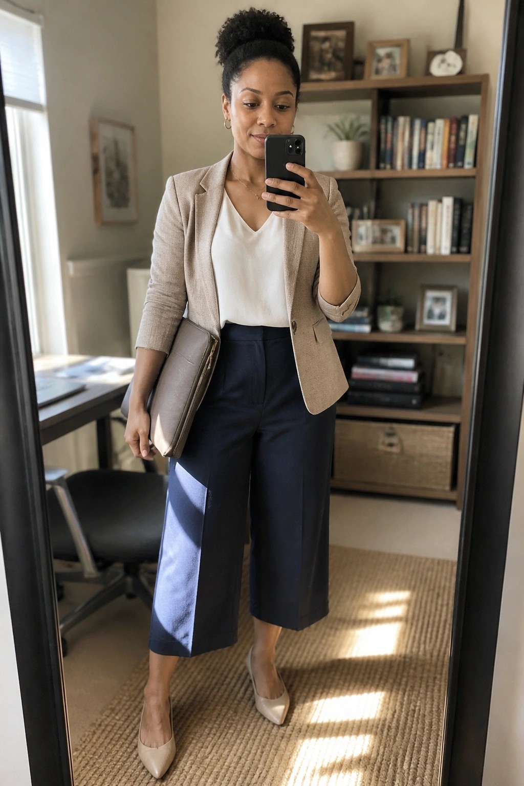 Black woman wearing a beige blazer over a white top with navy color block culottes and beige pointed flats while holding a clutch in a mirror selfie.