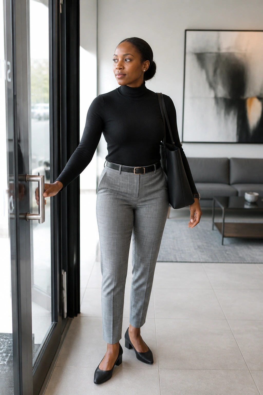 Woman in black turtleneck and gray plaid pants holding office door with black tote bag