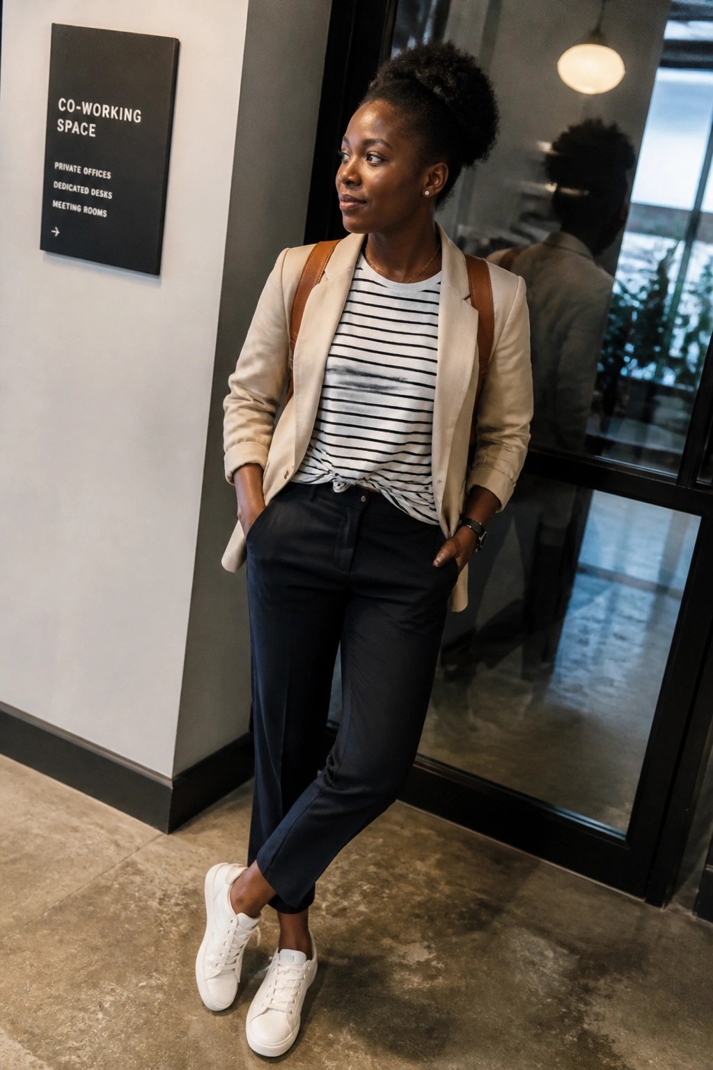 Woman in beige blazer and striped shirt with backpack in co-working space