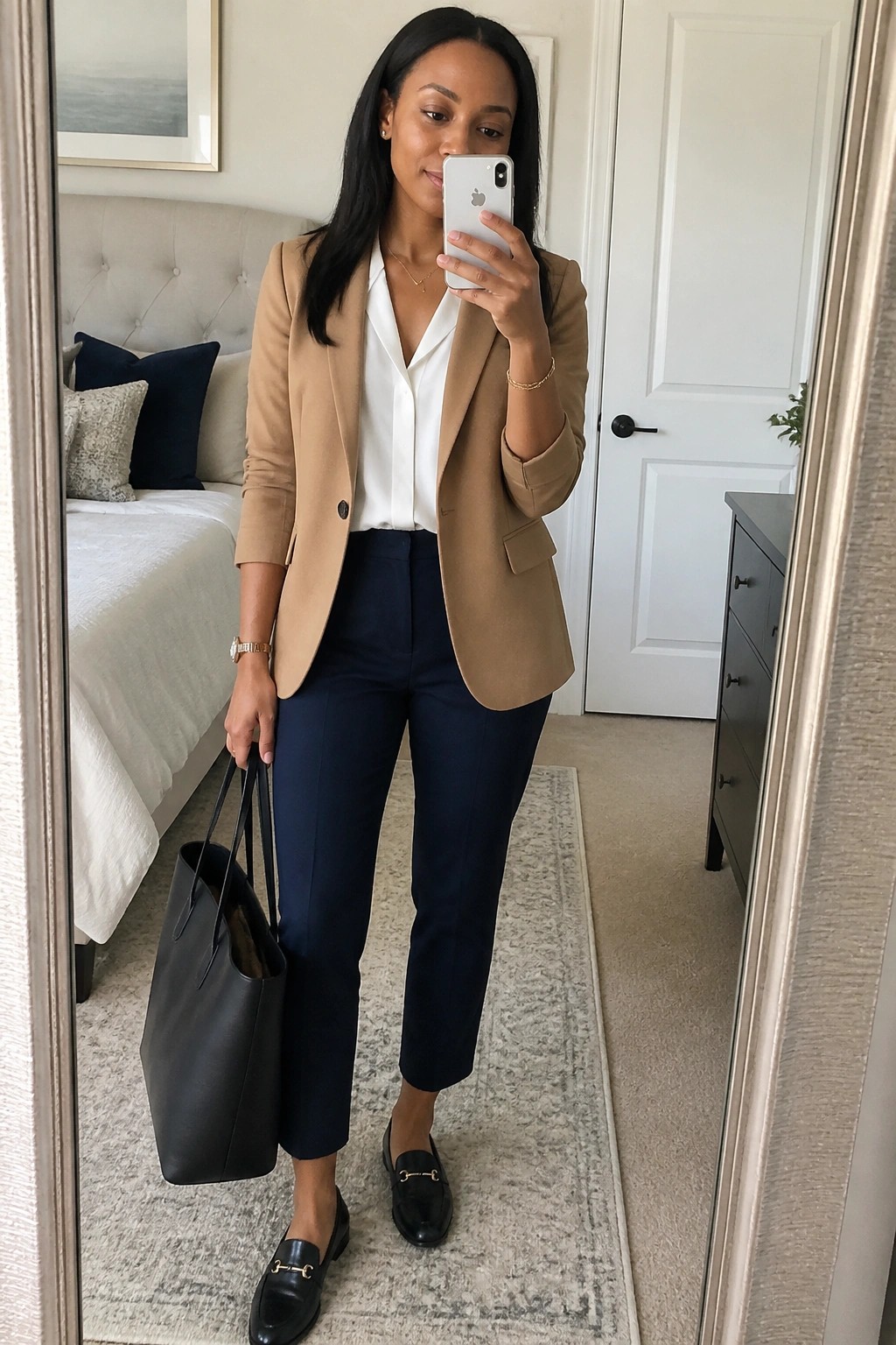 Woman in mirror selfie wearing camel blazer over white button down blouse with navy cropped pants, black horsebit loafers, and black tote bag.