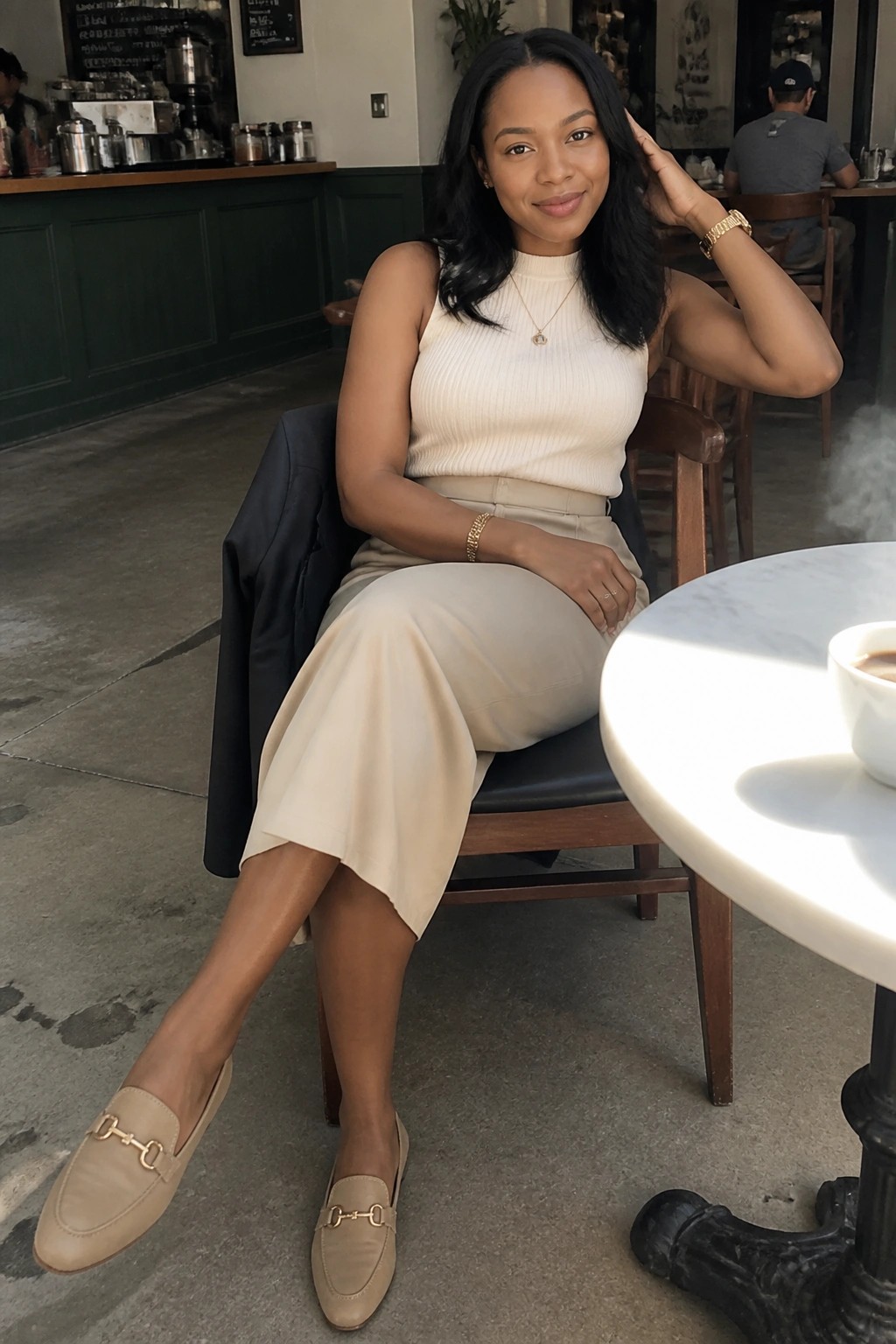 Woman in cream ribbed top and beige skirt seated at cafe table with coffee