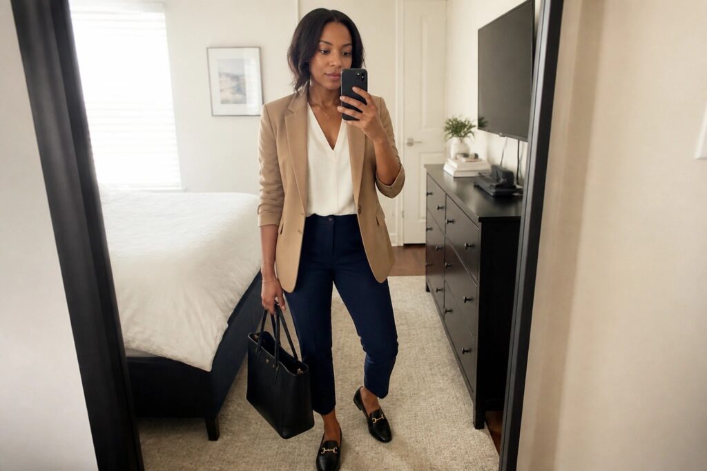 19 Business Casual Outfits for Black Women for Smart Everyday Dressing Woman in mirror selfie wearing camel blazer over white button down blouse with navy cropped pants, black horsebit loafers, and black tote bag.